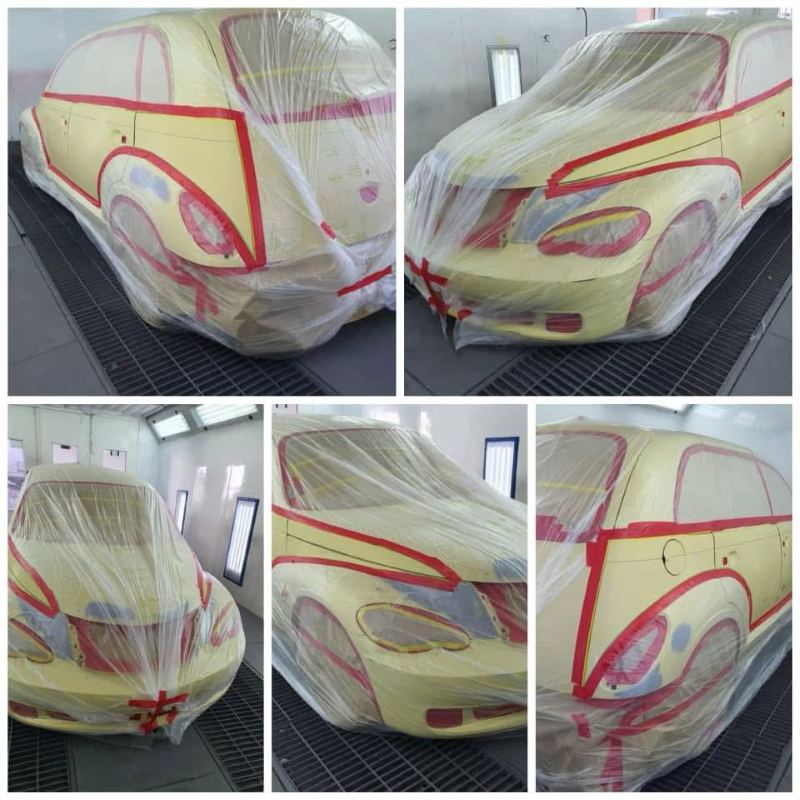 Collage of the car in cream base coat with the woodie panel design taped out by hand