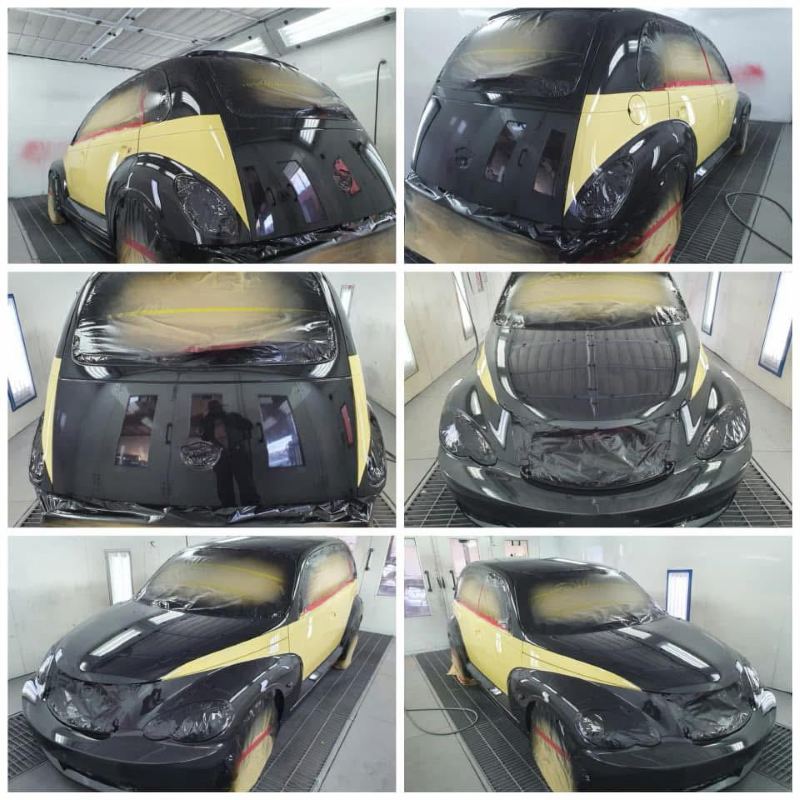 Collage of paint stages as the body is sprayed gloss black around the masked panels